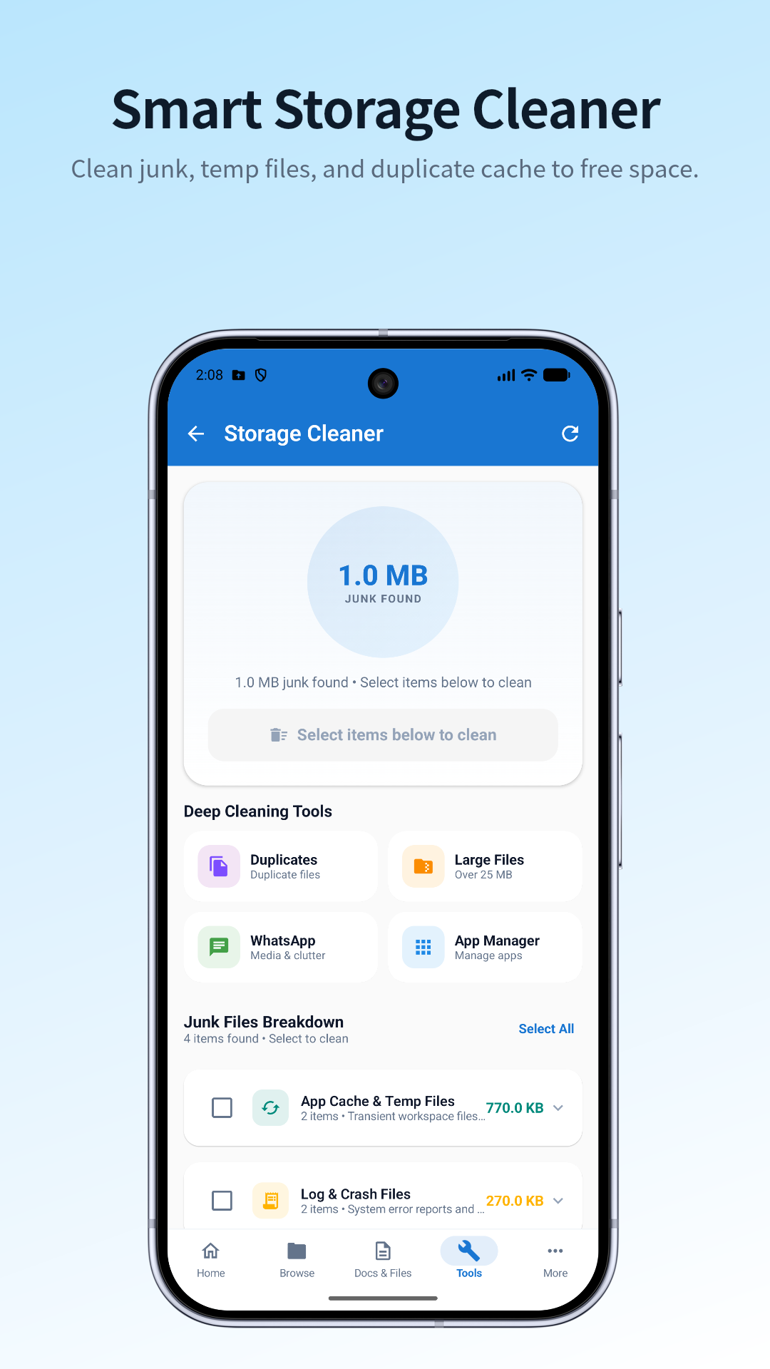 Safon mobile storage cleaner screen