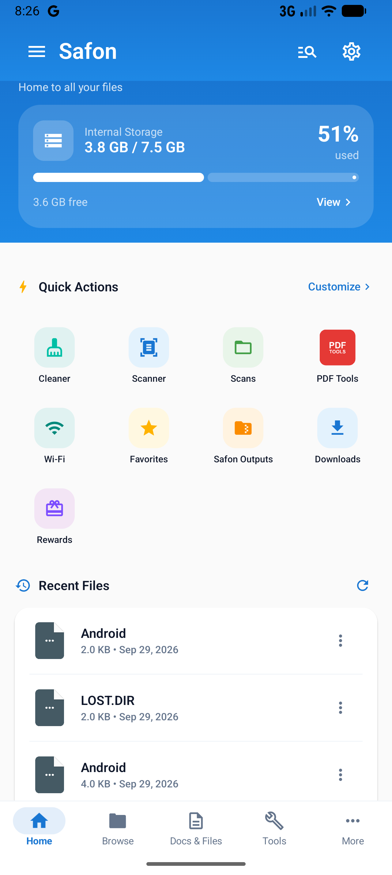 Safon home dashboard screenshot with Quick Actions and Storage Overview